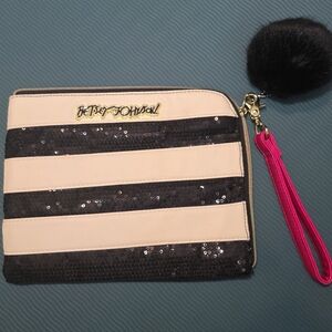 Betsey Johnson Clutch Black Sequins Cream Pom Pom Wristlet